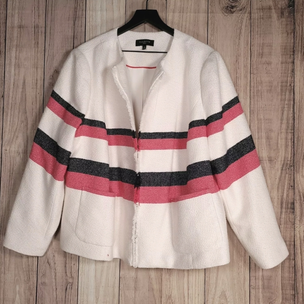 NWOT Vintage Talbots White Collarless Jacket with Coral Pink & Black Stripes